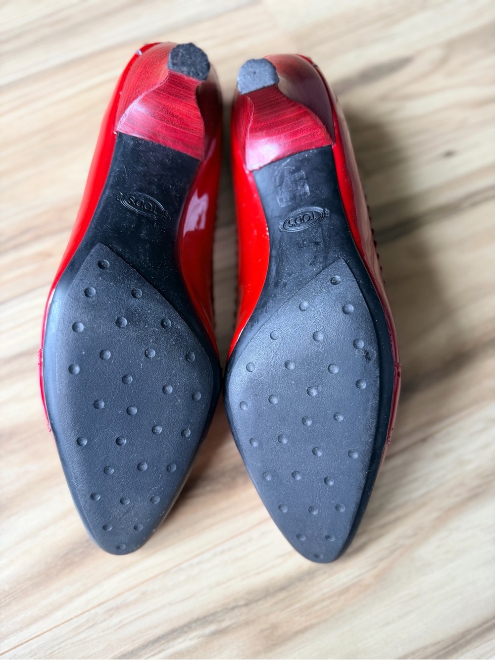 Tod's Red Patent Leather Pointed Penny Loafers w/ Kitten Heal S- 38 1/2 - 8 1/2 - Picture 7 of 11